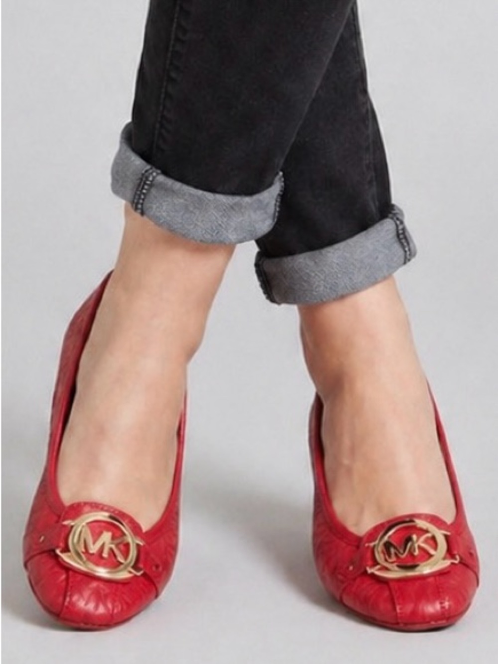 Michael Kors Red Leather Ballet Flats MK Logo Size 8